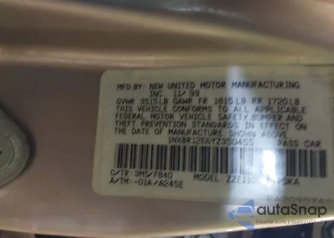 2000 Toyota Corolla Ce из США, поврежденный, VIN 1NXBR12E6YZ350455